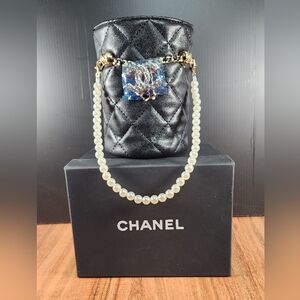 CHANEL Black Quilted Cylinder Bag with Pearl Chain Gift With Purchase